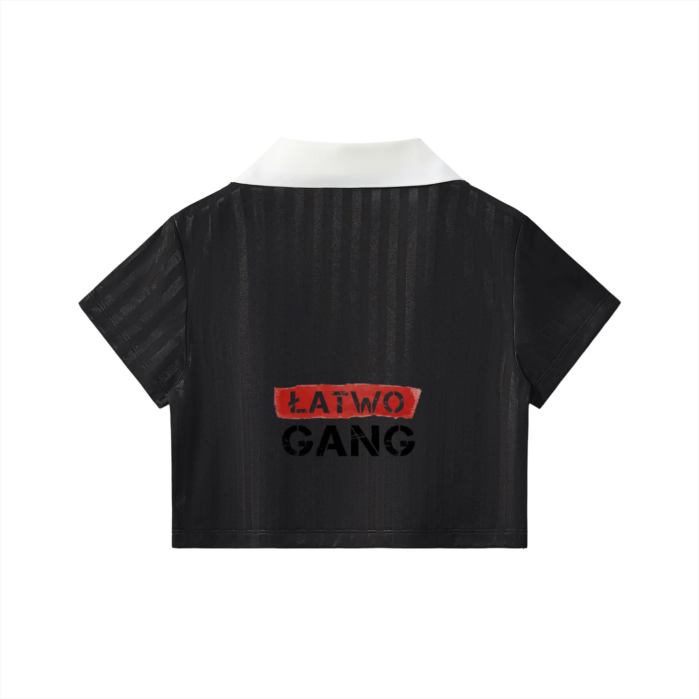 ŁATWOGANG drop 29 — Koszulka Cropped w Paski z Kołnierzykiem - ŁATWOGANG™ — detal (3/14)