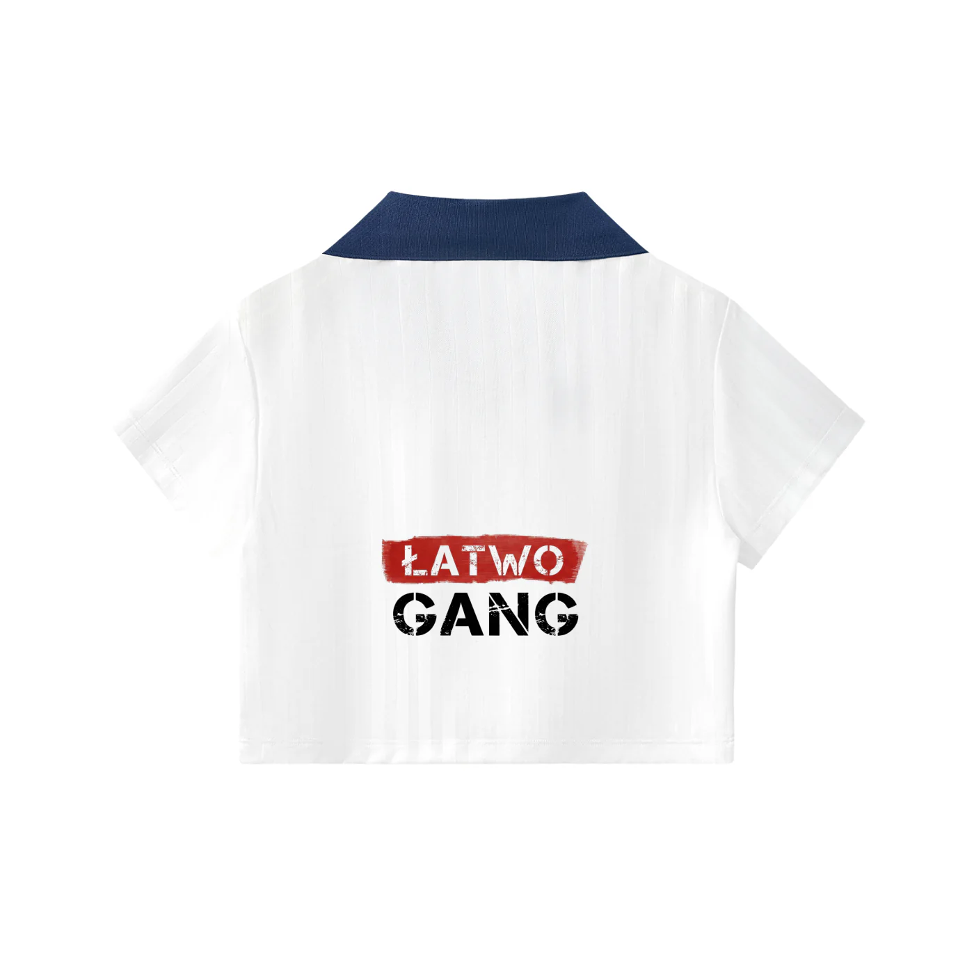 ŁATWOGANG drop 29 — Koszulka Cropped w Paski z Kołnierzykiem - ŁATWOGANG™ — szczegół (5/14)