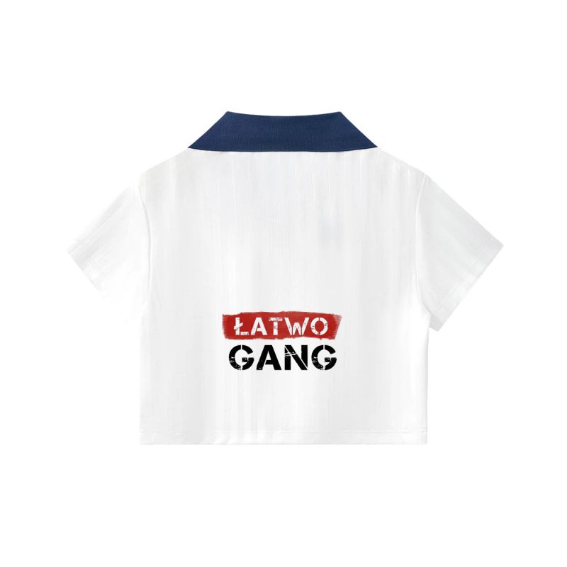 ŁATWOGANG drop 29 — Футболка вкорочена в смужку з комірцем - ŁATWOGANG™ — szczegół (5/14)